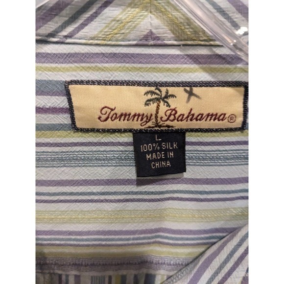 TOMMY BAHAMA Men's Button Down Shirt Size L Short Sleeve Striped 100% Silk - Picture 4 of 4